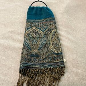 Teal and Gold Paisley Scarf with Fringe